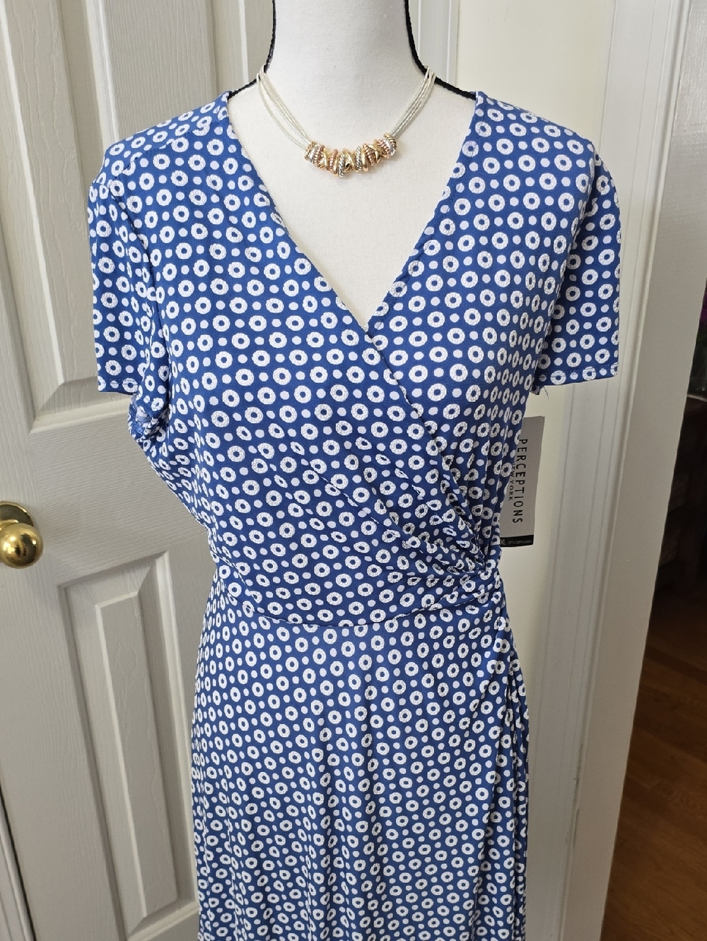 PERCEPTIONS NEW YORK WOMEN'S PETITE BLUE & WHITE SHORT SLEEVES DRESS SIZE PXL